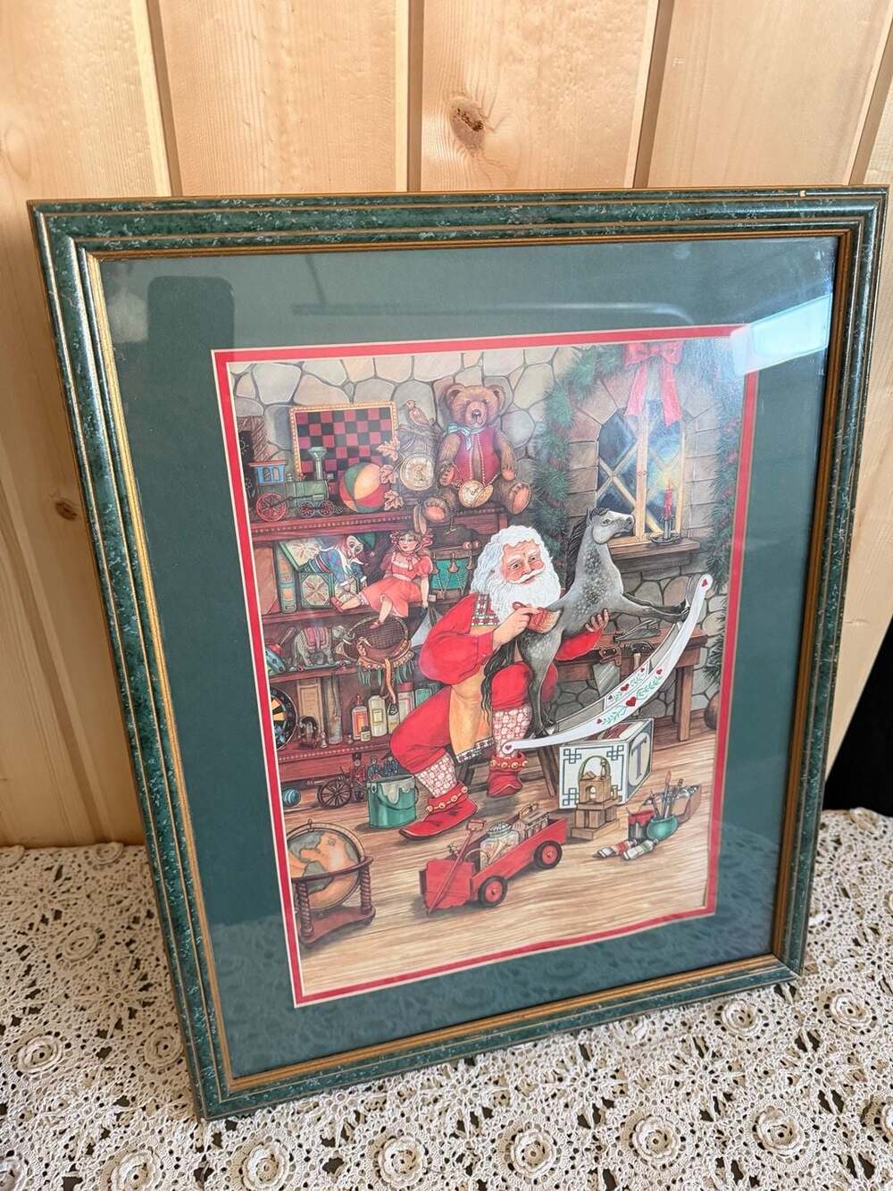 Vintage Framed Christmas Art Print 90’s Nostalgia Santa Green Marble Gold Frame